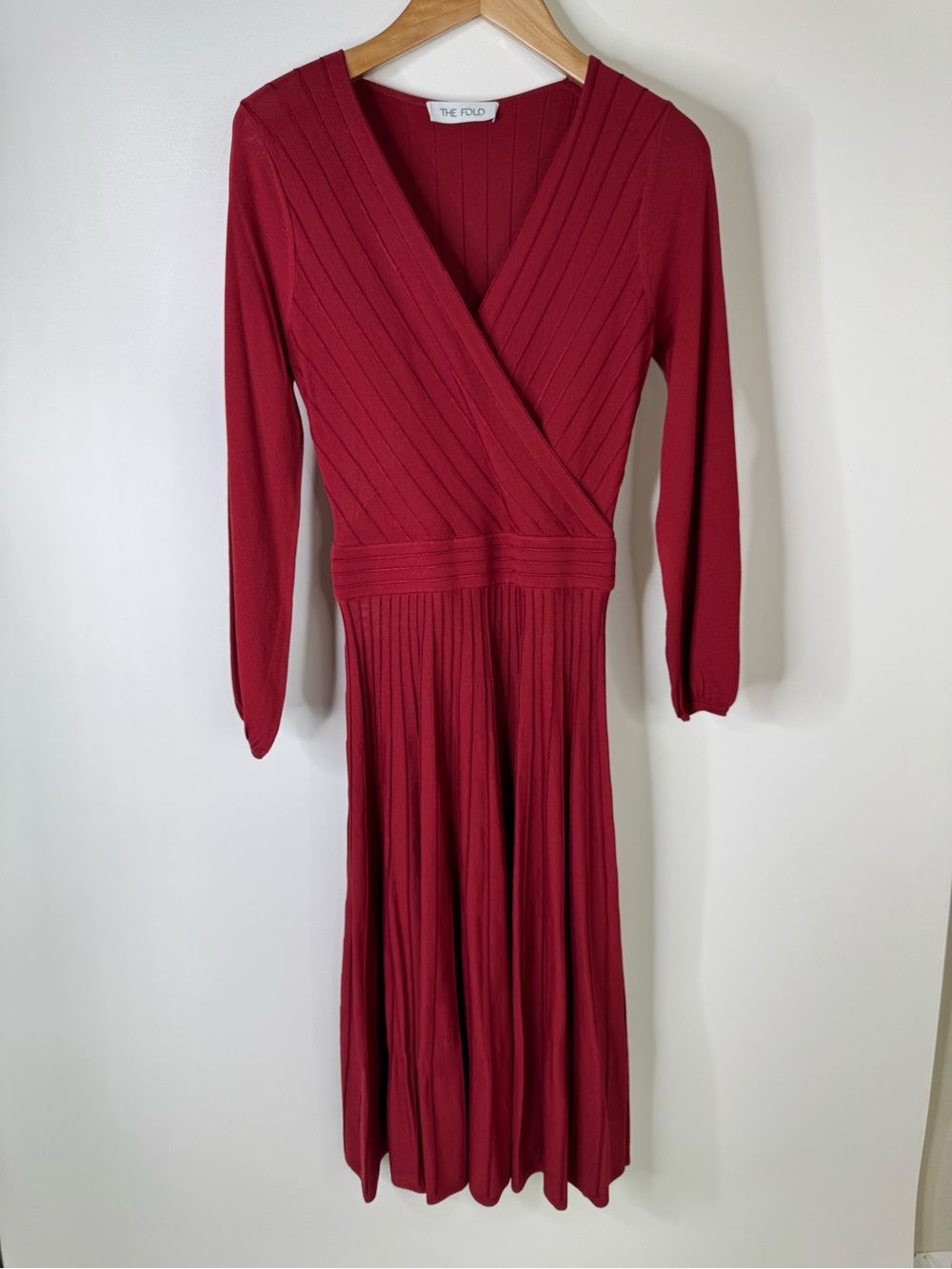 The Fold Belluno Ribbed Wrap Long-Sleeve Midi Dress in Red Small